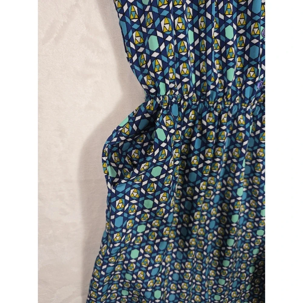 41 Hawthorn Sleeveless Geometric Print Dress Blue Elastic Waist M